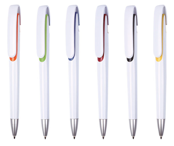 Plastic pen white barrel and coloured trim large clip Spark