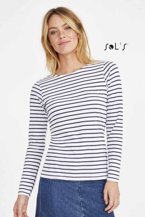 T-shirt Long sleeve Women's striped pattern 100% combed cotton MARINE