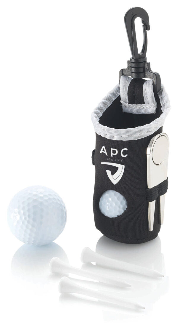 Golf gift set with 2 balls 3 tees , ground repairer and ball marker in neoprene pouch