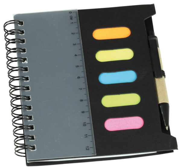 Notebook with Pen & Ruler and sticky note flags