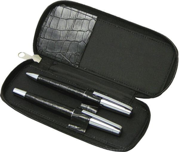 Metal pen gift set includes roller ball and ball pen with leather barrel and packed into zippered case Park lane