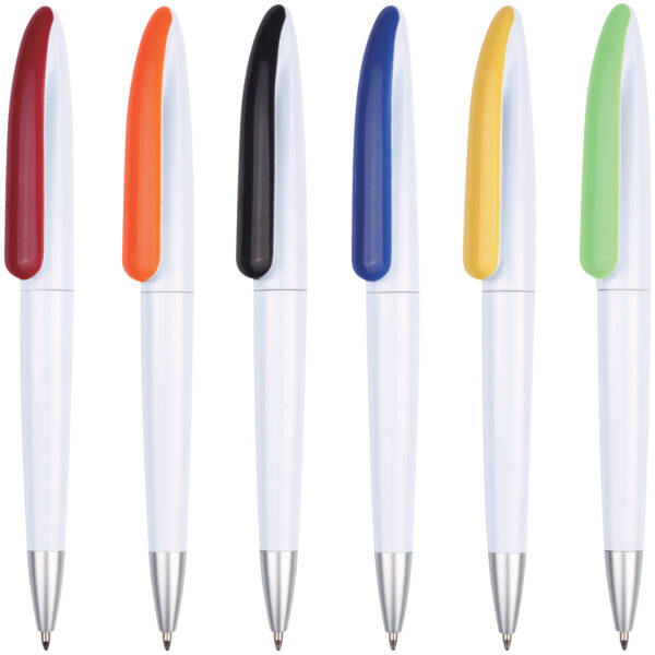 Pen Plastic , sleek white barrel with coloured clip Camaro