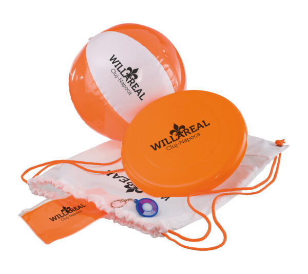 Beach set with frisbee, beach ball, waterproof pouch UV key chain packed in a back sack