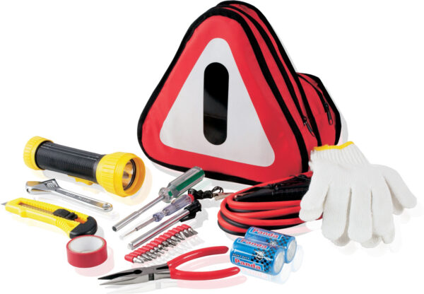 Car utility bag with jumper leads , gloves torch , spanner and plyers with Warning sign