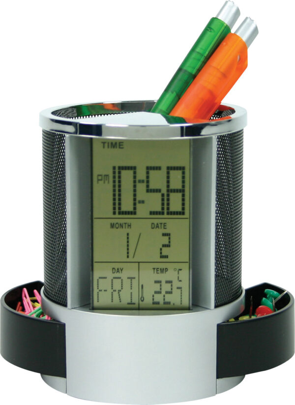 Desk pen caddy and digital clock